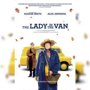 poster Lady in the Van. Oudere vrouw voor een gele bus