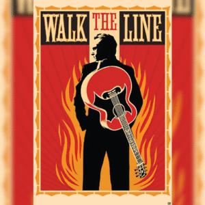 Getekende man vanaf zijn rug bekeken. Hij heeft een gitaar op zijn rug en kijkt naar links om. Boven staat de tekst: walk the line.